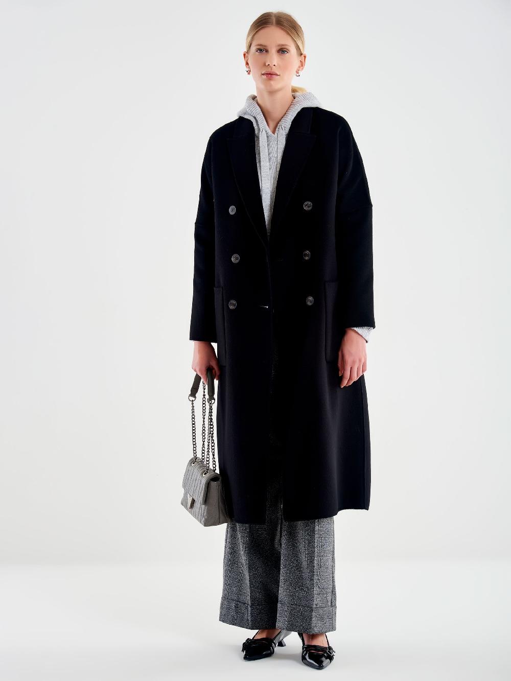 Vicolo Cappotto Doppiopetto Basic Lungo Nero Vendite Flash
