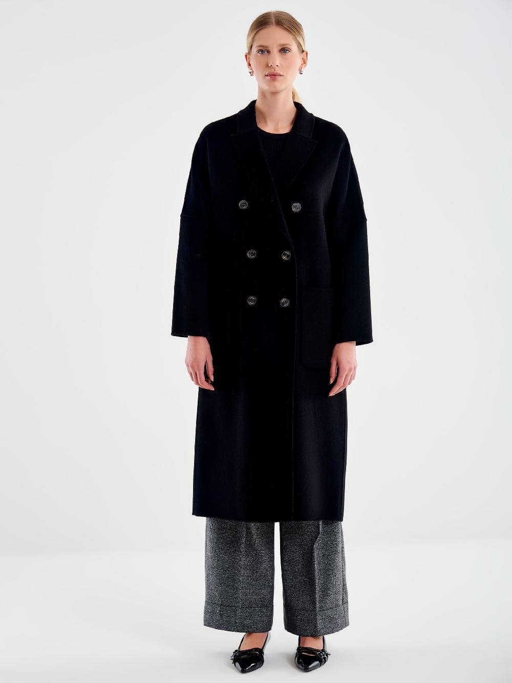 Vicolo Cappotto Doppiopetto Basic Lungo Nero Vendite Flash