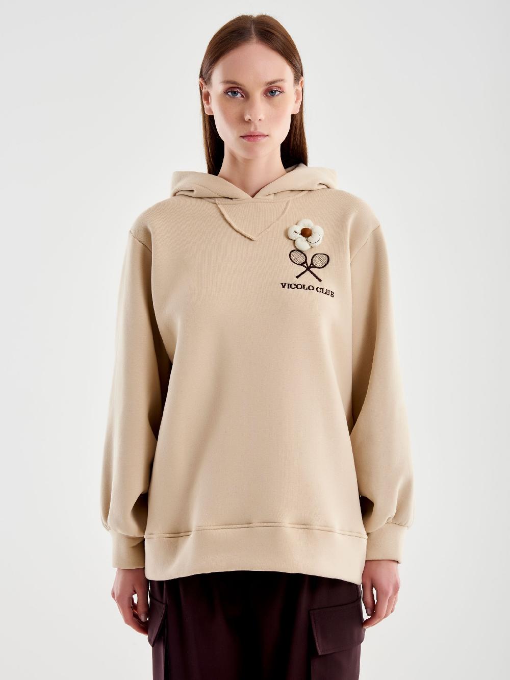 Vicolo Felpa Over con Cappuccio e Ricamo Beige Fino Al -60%