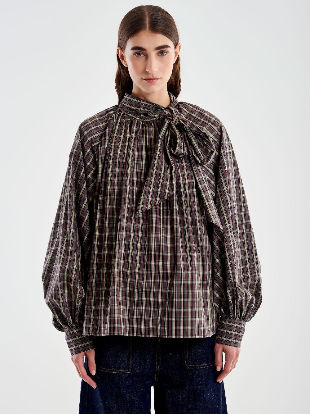 Vicolo Camicia Over Quadri con Fiocco Beige Saldi Di Fabbrica