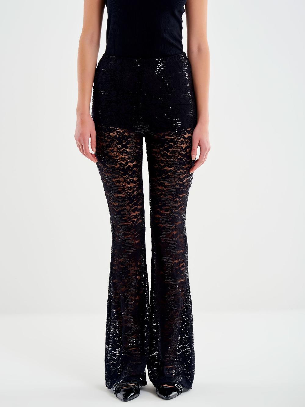 Vicolo Pantalone Ampio In Pizzo e Paillettes Nero Moda