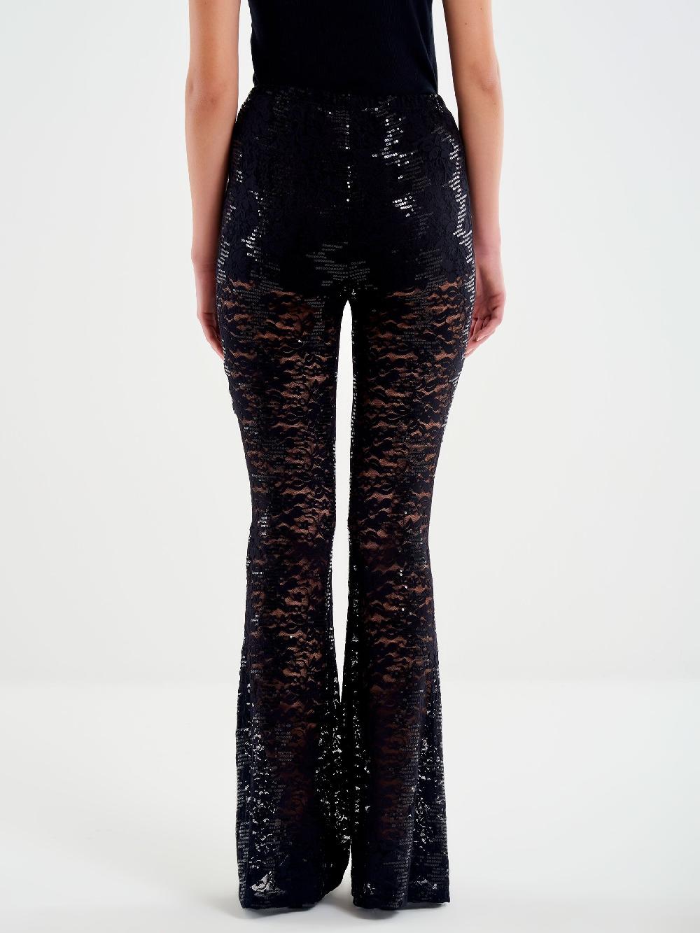 Vicolo Pantalone Ampio In Pizzo e Paillettes Nero Moda