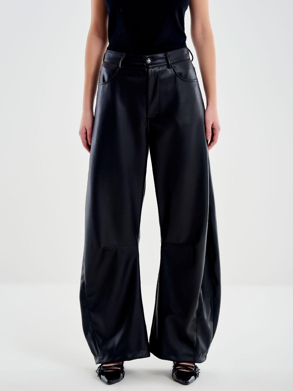 Vicolo Pantalone Ecopelle Loose Fit Nero Vendita