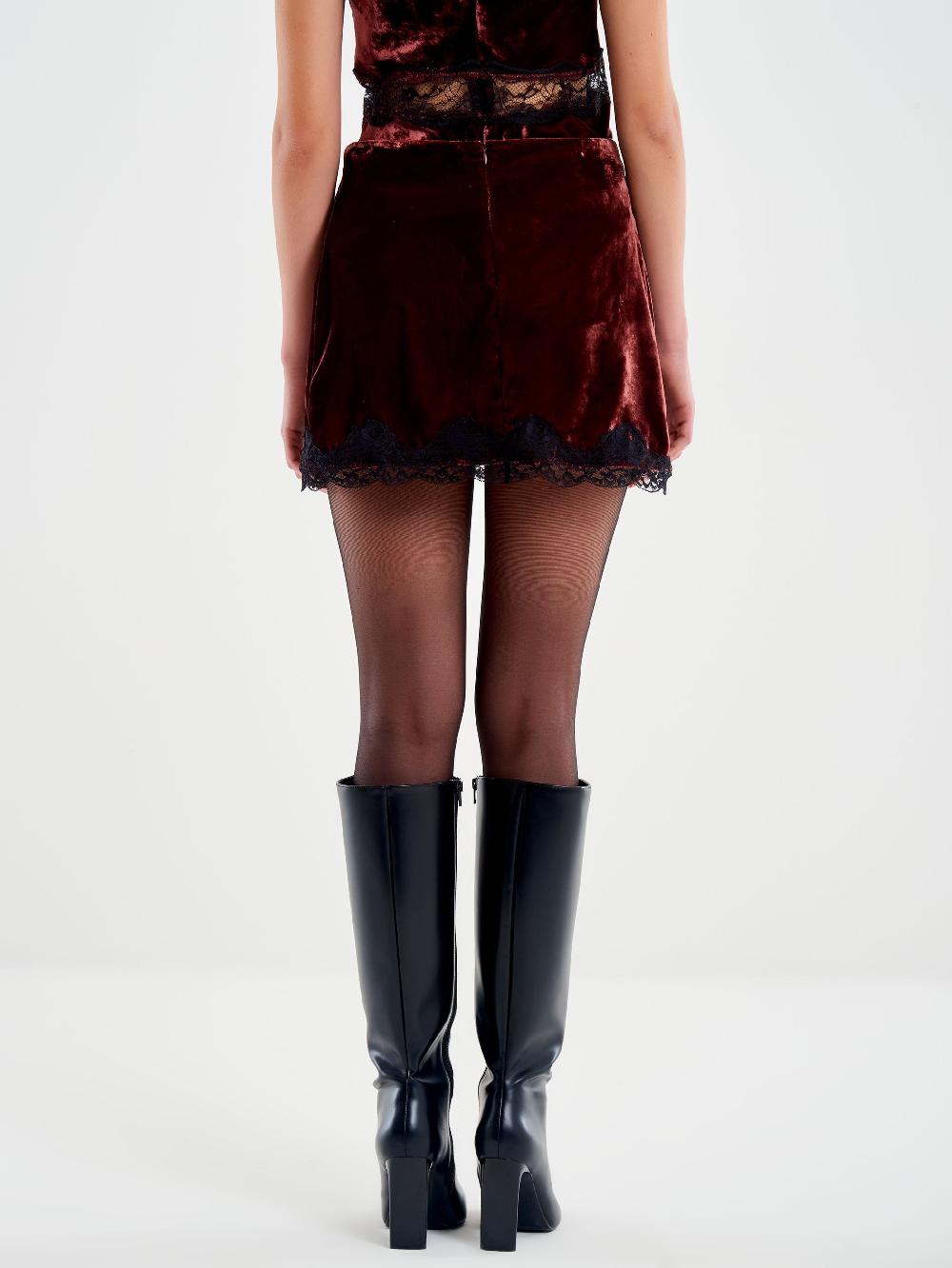 Vicolo Gonna Mini Velluto Dettagli in Pizzo Bordeaux Negozi Online