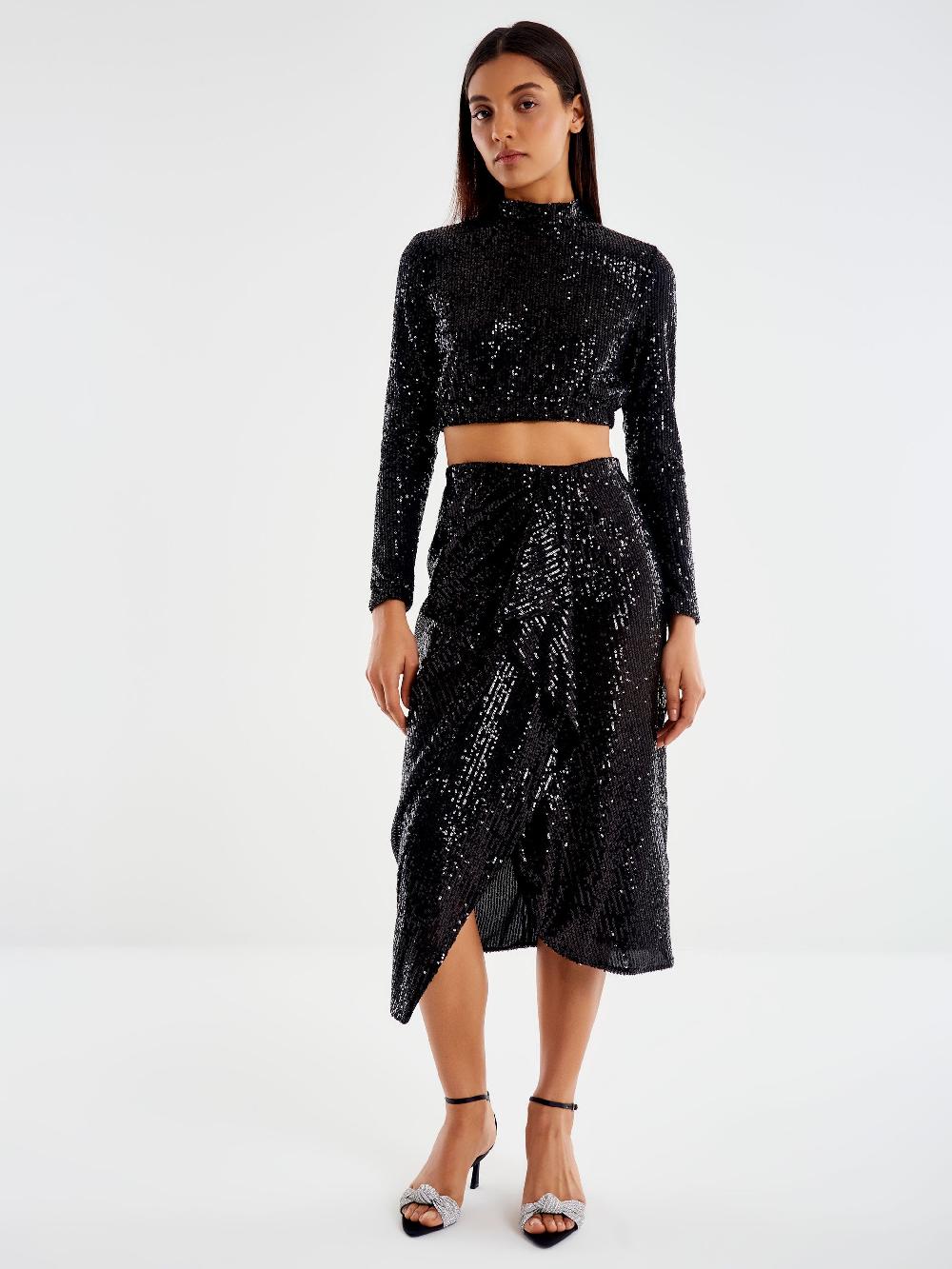 Vicolo Gonna Midi Drappeggiata in Paillettes Nero Promozione Limitata