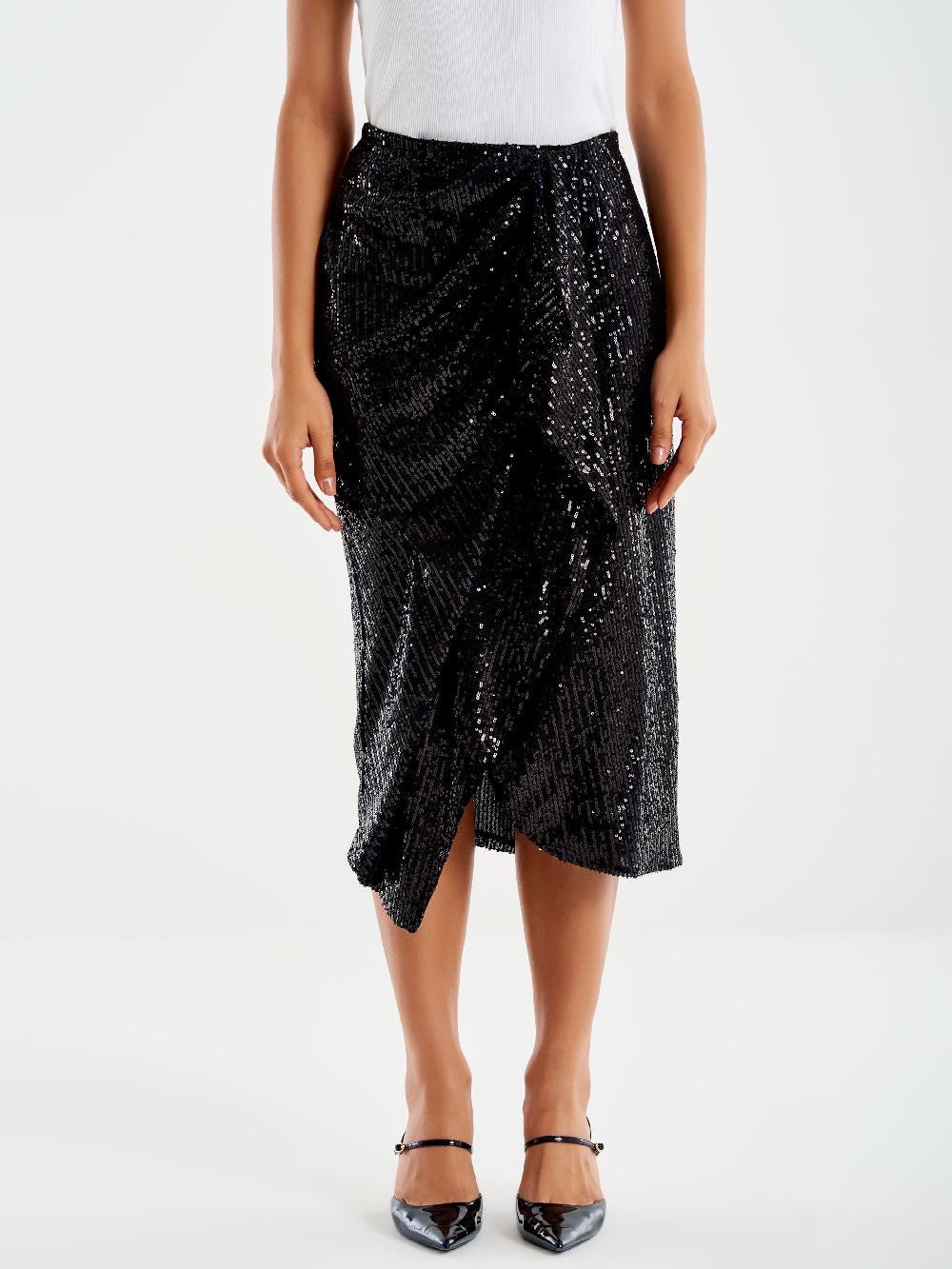 Vicolo Gonna Midi Drappeggiata in Paillettes Nero Promozione Limitata