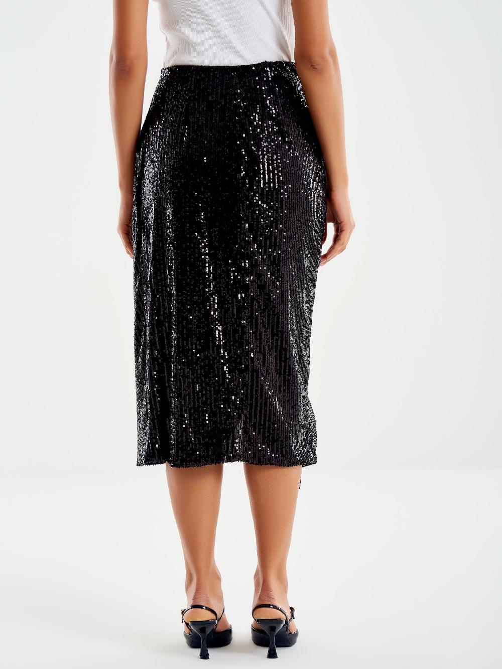 Vicolo Gonna Midi Drappeggiata in Paillettes Nero Promozione Limitata