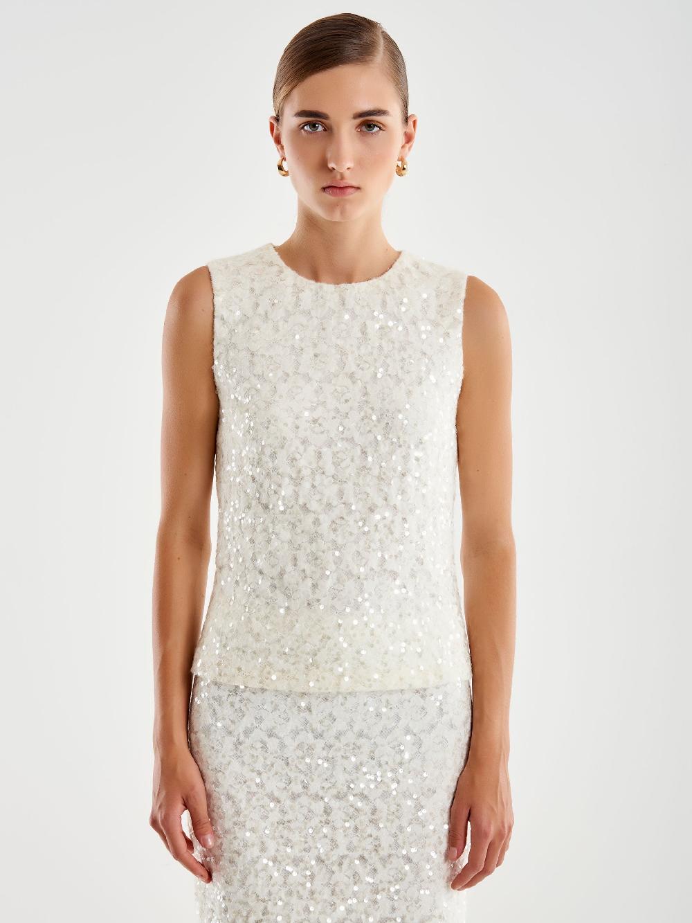 Vicolo Top in Pizzo e Paillettes Bianco Offerta speciale
