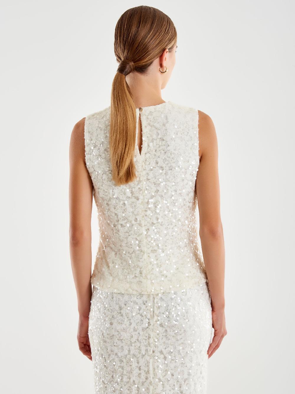 Vicolo Top in Pizzo e Paillettes Bianco Offerta speciale