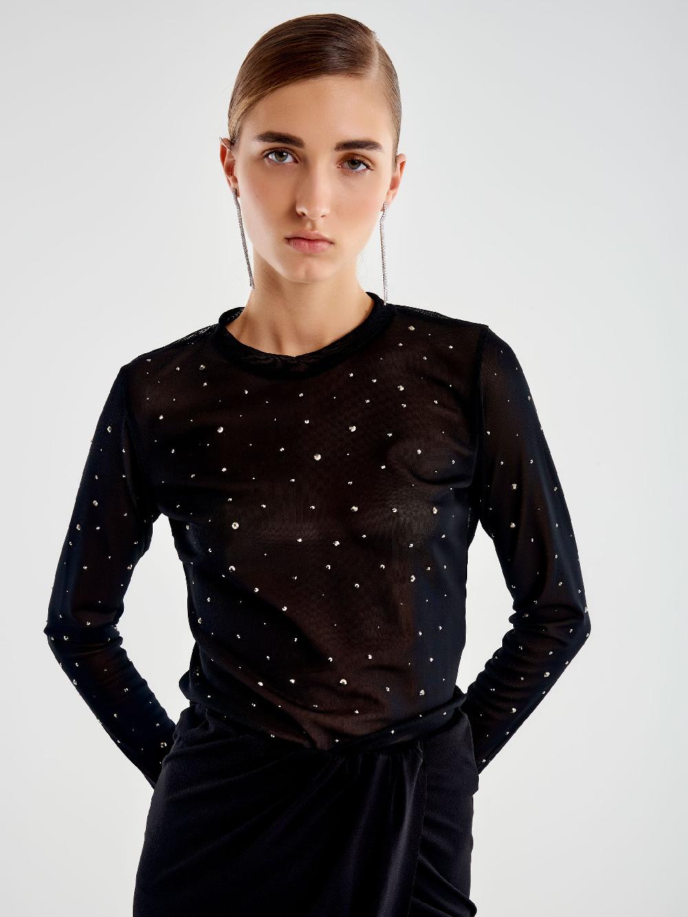 Vicolo Maglia in Tulle con Strass Nero Offerta