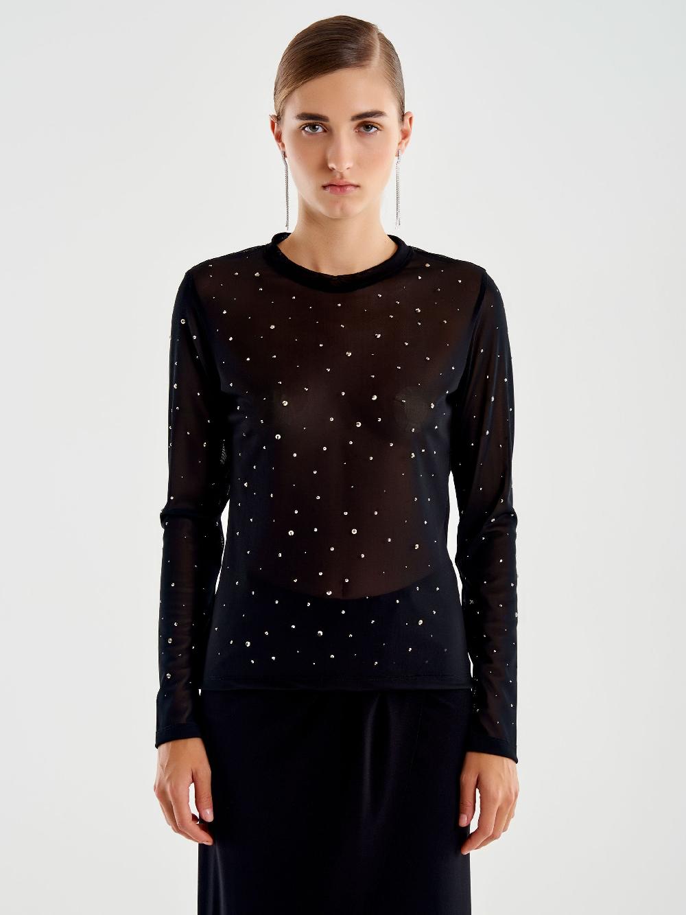 Vicolo Maglia in Tulle con Strass Nero Offerta