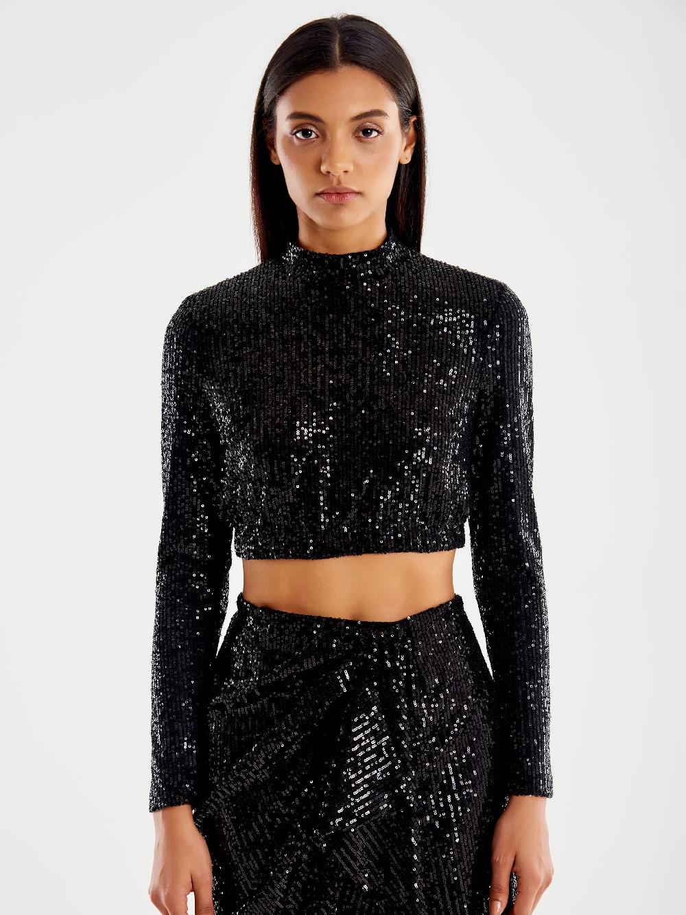 Vicolo Top Cropped Paillettes Nero Flash Sale