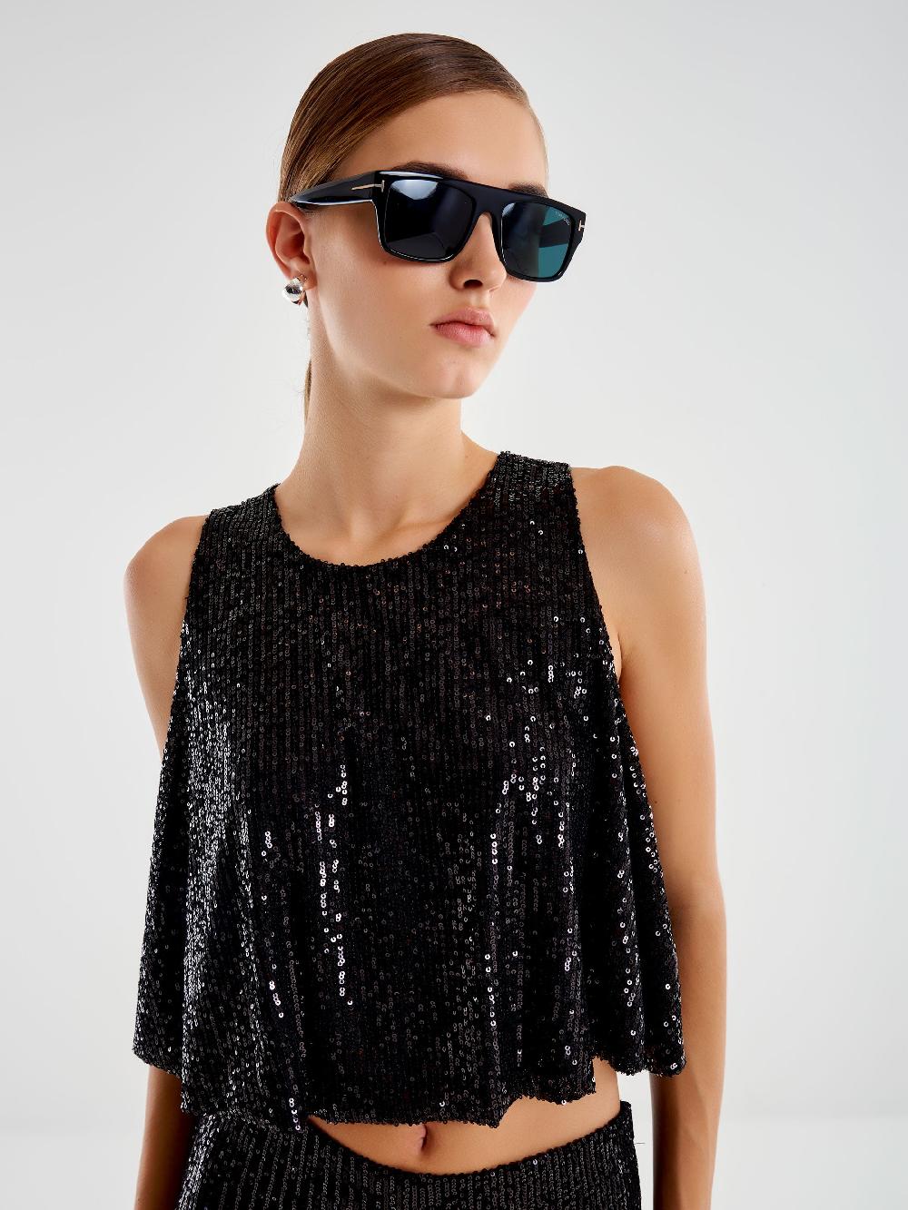 Vicolo Top Cropped a Ruota in Paillettes Nero In Vendita