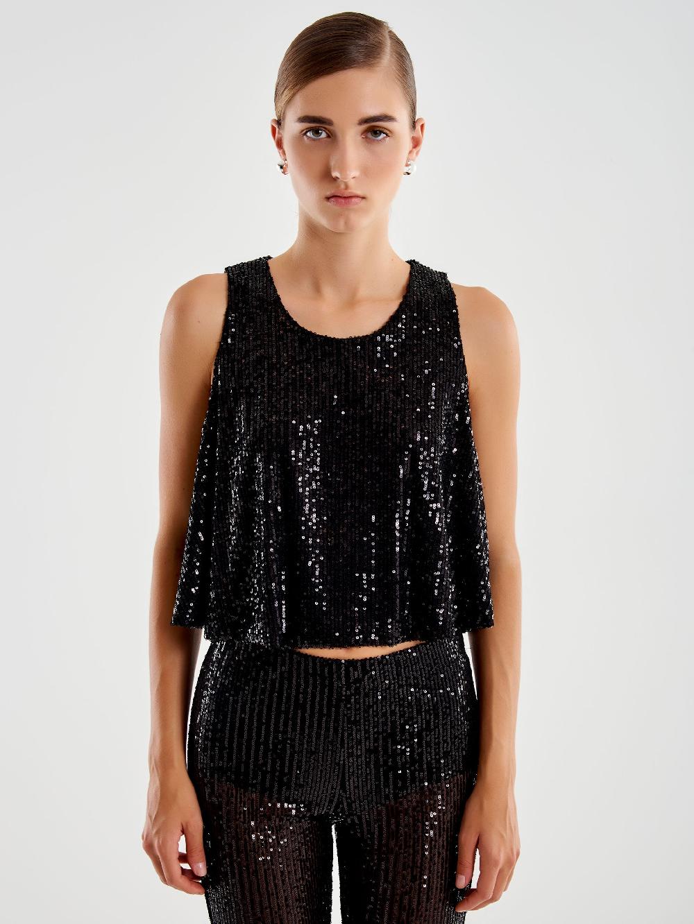Vicolo Top Cropped a Ruota in Paillettes Nero In Vendita