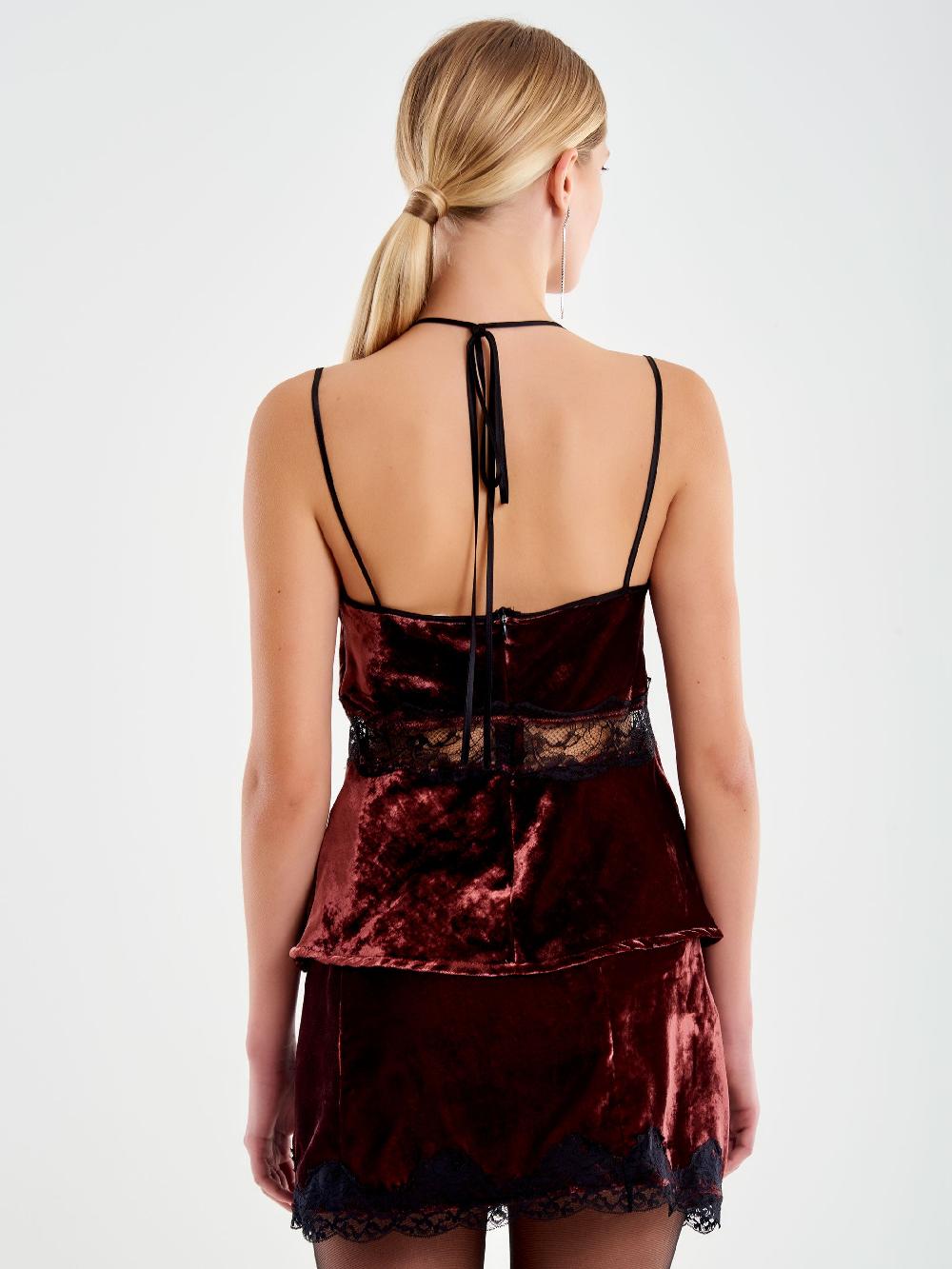 Vicolo Top in Pizzo e Velluto Bordeaux Vendita Calda