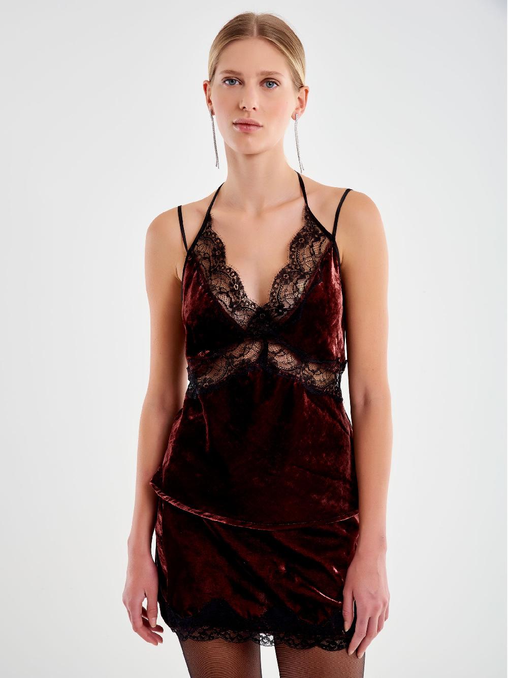 Vicolo Top in Pizzo e Velluto Bordeaux Vendita Calda