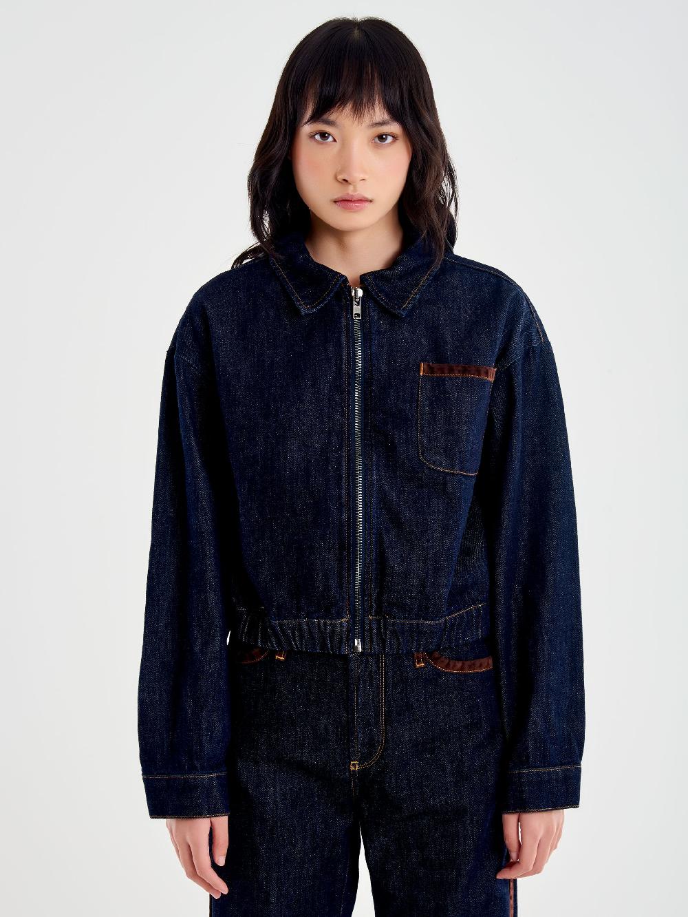 Vicolo Giubbotto in Denim Dettagli Alcantara Blu Consegna Veloce