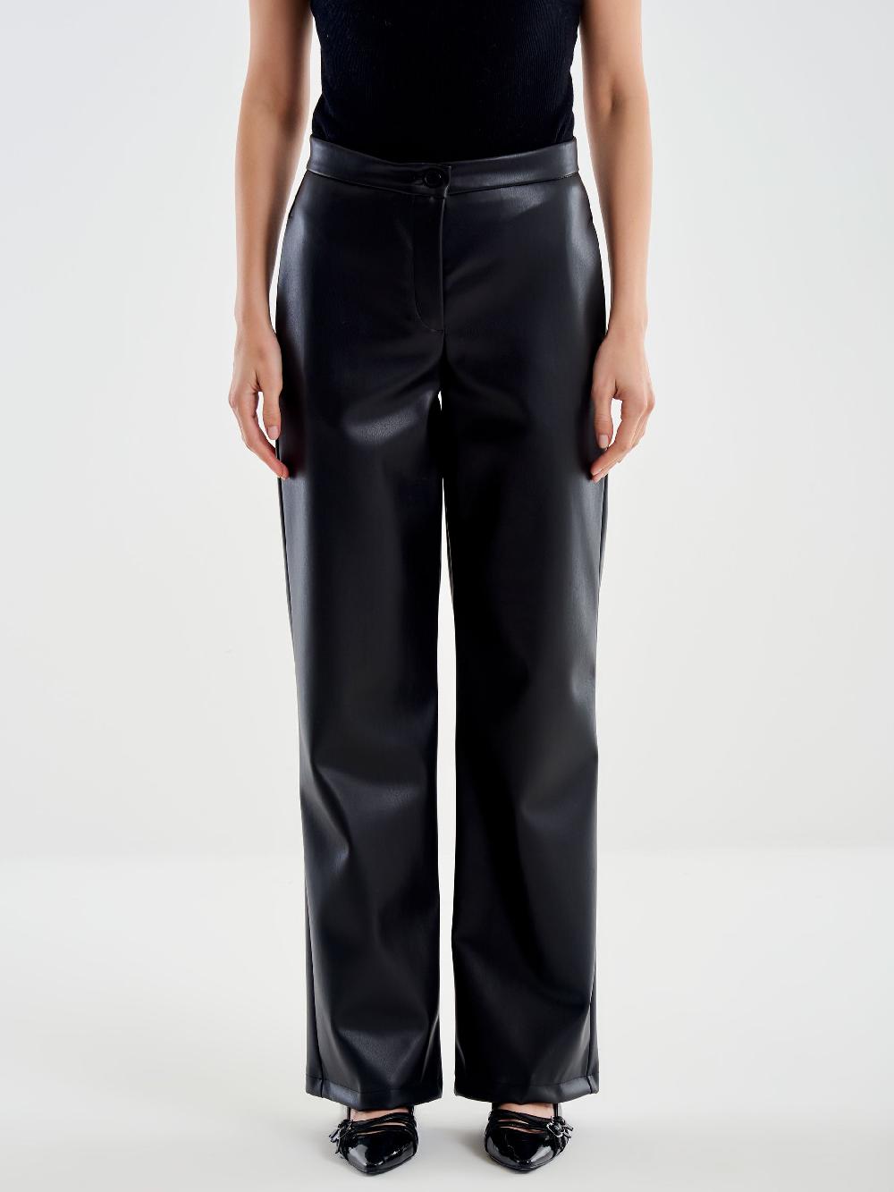 Vicolo Pantalone Straight Effetto Pelle Nero Prezzo di fabbrica