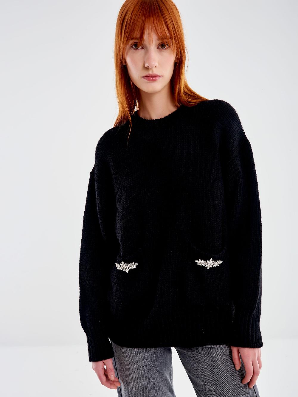 Vicolo Pull Girocollo con Cabochon Tasche Nero Super Saving Price