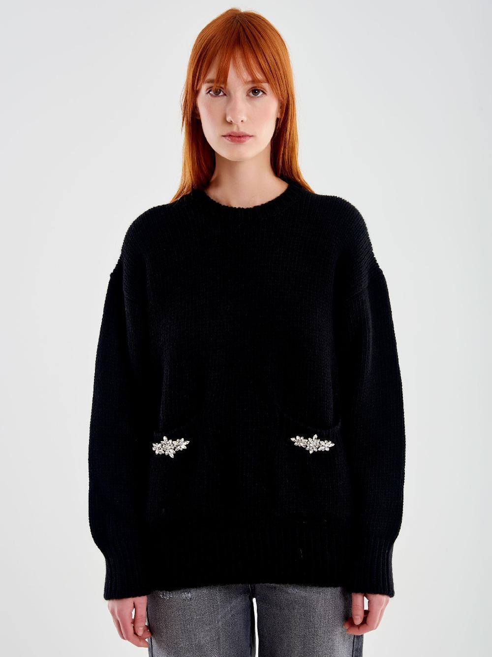 Vicolo Pull Girocollo con Cabochon Tasche Nero Super Saving Price