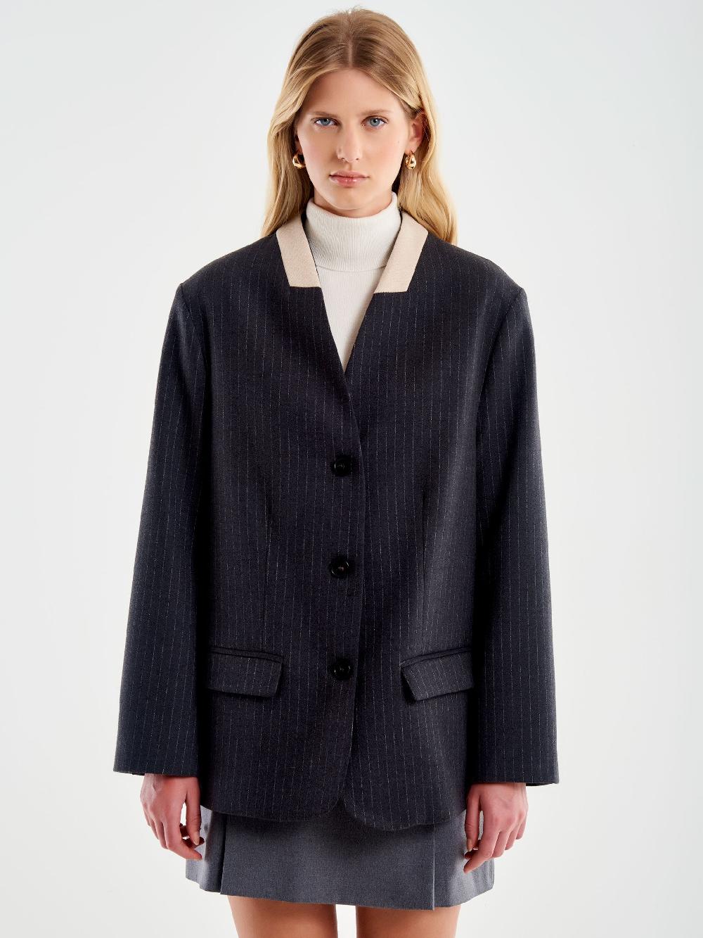 Vicolo Blazer Gessato Senza Revers Grigio Latest stili