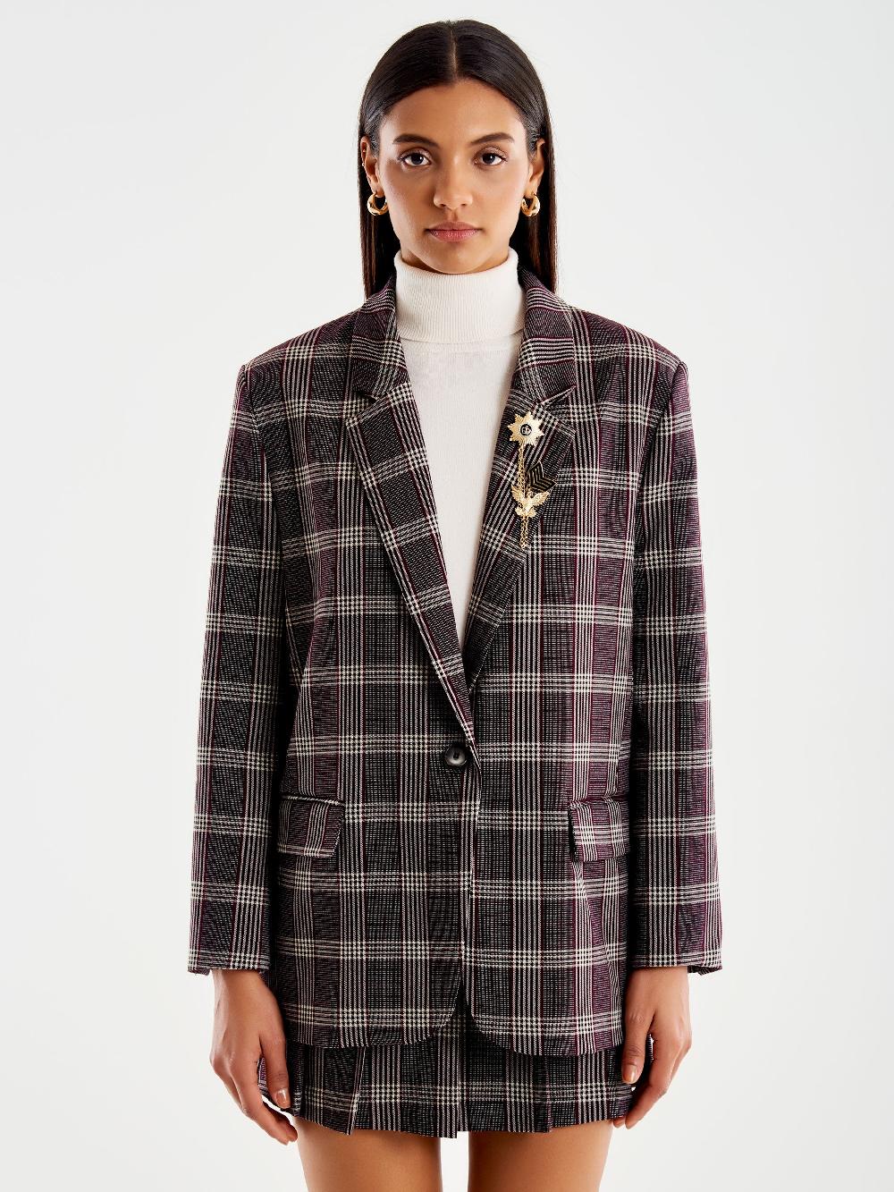 Vicolo Blazer Check Over Monopetto con Spilla Bordeaux Fino al 50% di sconto
