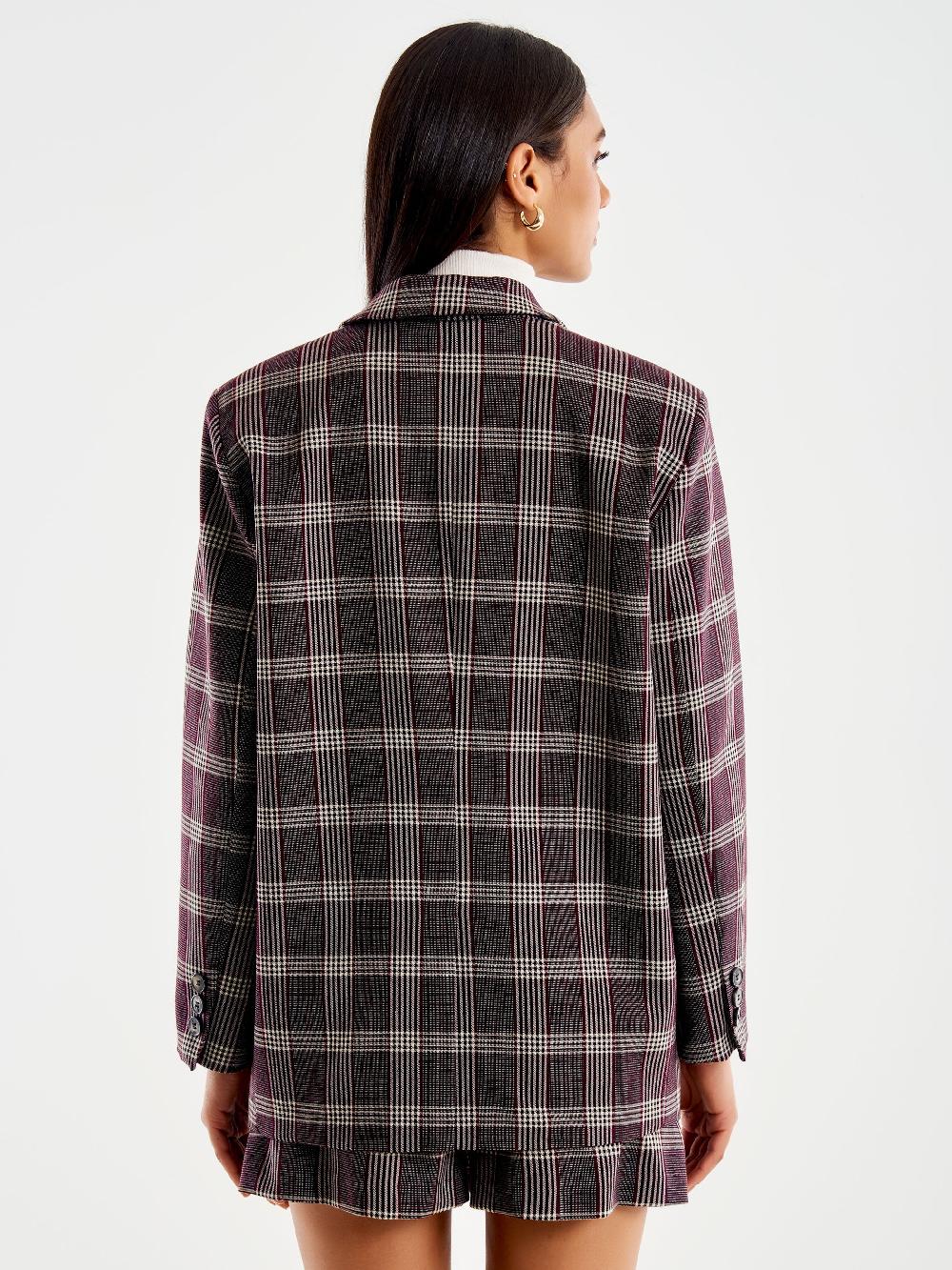 Vicolo Blazer Check Over Monopetto con Spilla Bordeaux Fino al 50% di sconto