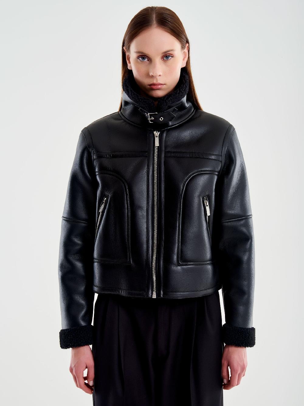 Vicolo Giubbotto Biker Cropped Effetto Pelle Nero Offerta speciale della fabbrica