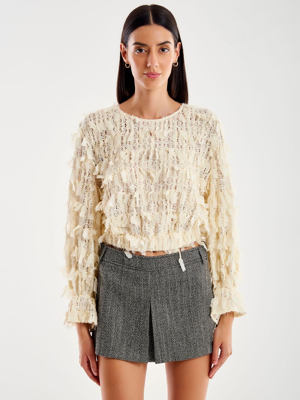 Vicolo Top in Pizzo Sfrangiato Bianco Flash Sale