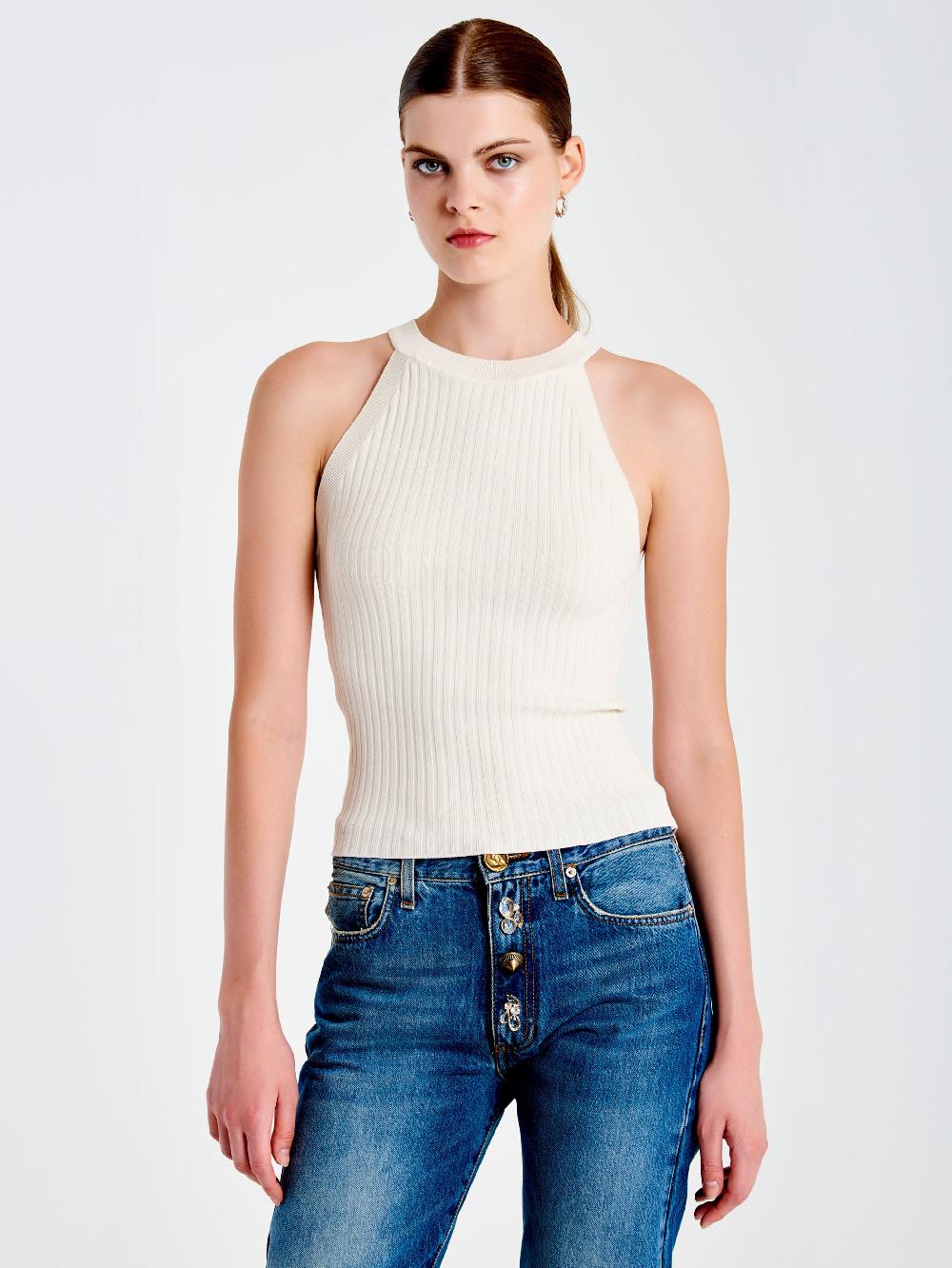 Vicolo Top in Maglia Scollo Halter Bianco Offerta San Valentino