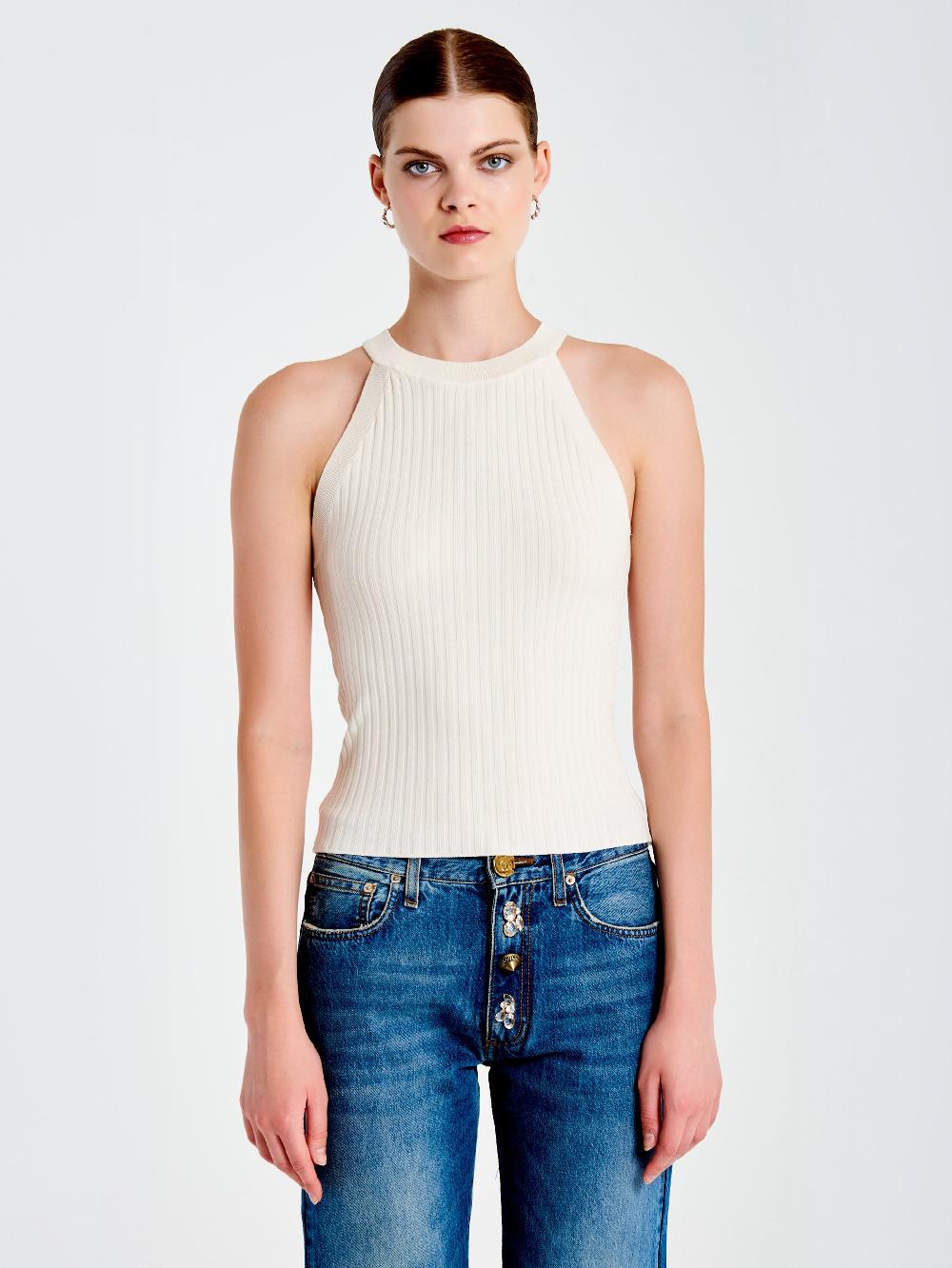 Vicolo Top in Maglia Scollo Halter Bianco Offerta San Valentino